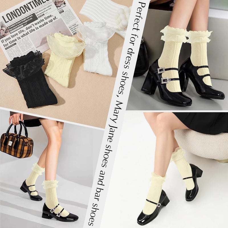 Zando Women's Ruffle Socks Lace Frilly Ankle Socks - Soft Stretchy Cute for Dress Shoes, Sneakers, Casual Outfits - Image 3